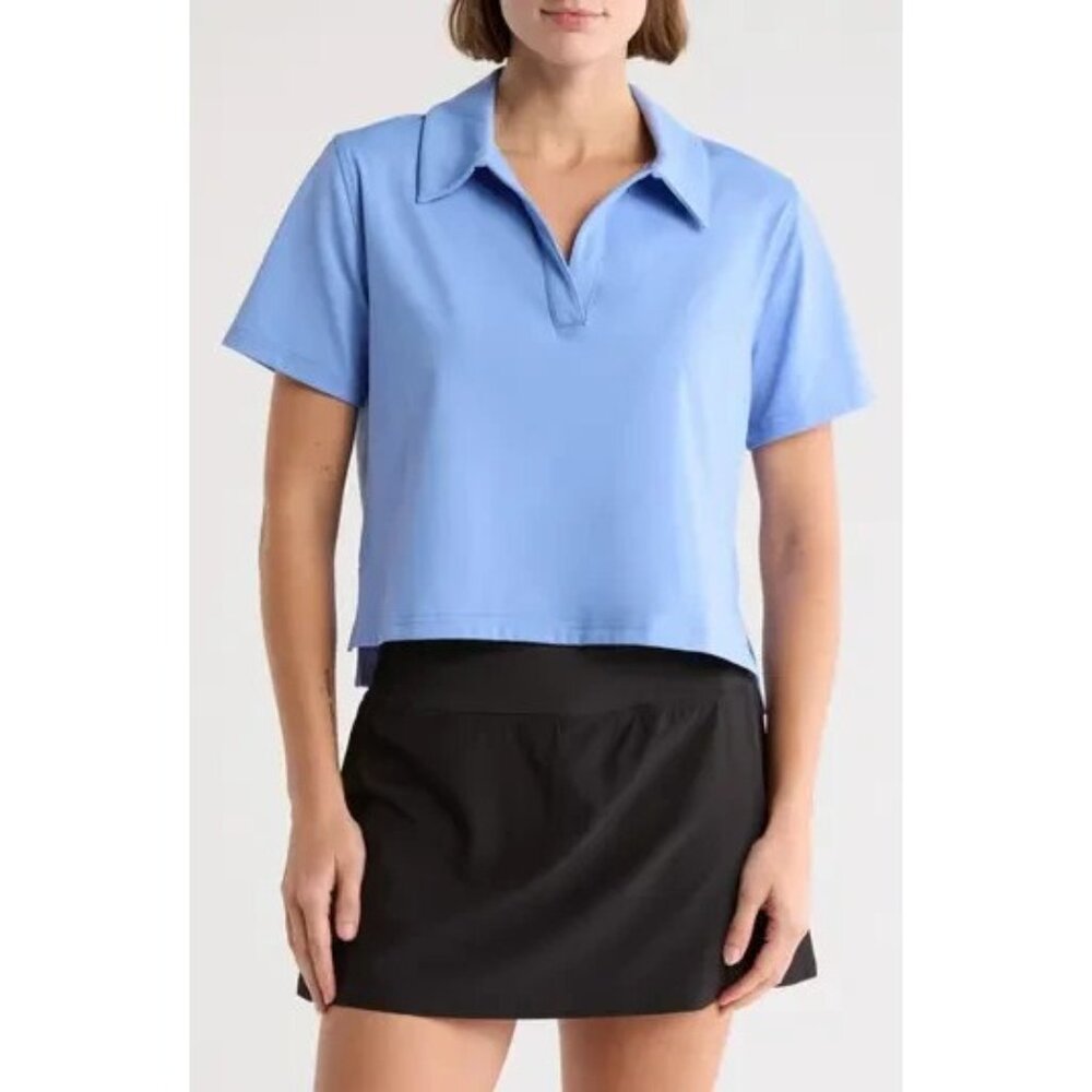 TravisMathew Deco District Polo Womens L Relaxed Fit V-Neck Golf Cornflower Blue